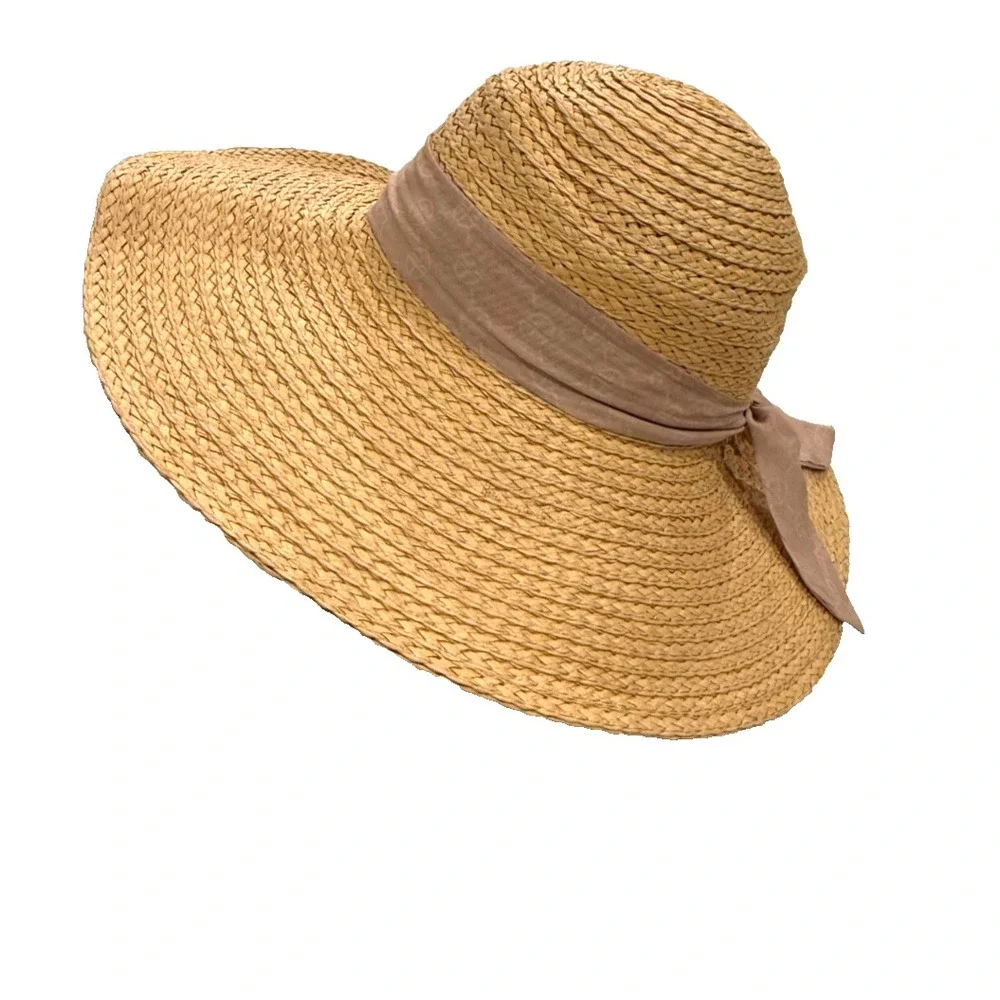 Giani Bernini Women s Woven Wide Brim Sun Hat with Logo Ribbon; Tan; One Size
